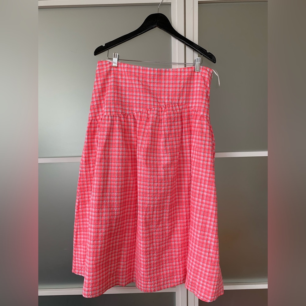 Topshop midi skirt in pink, purple and white plaid. Size US12. NWOT